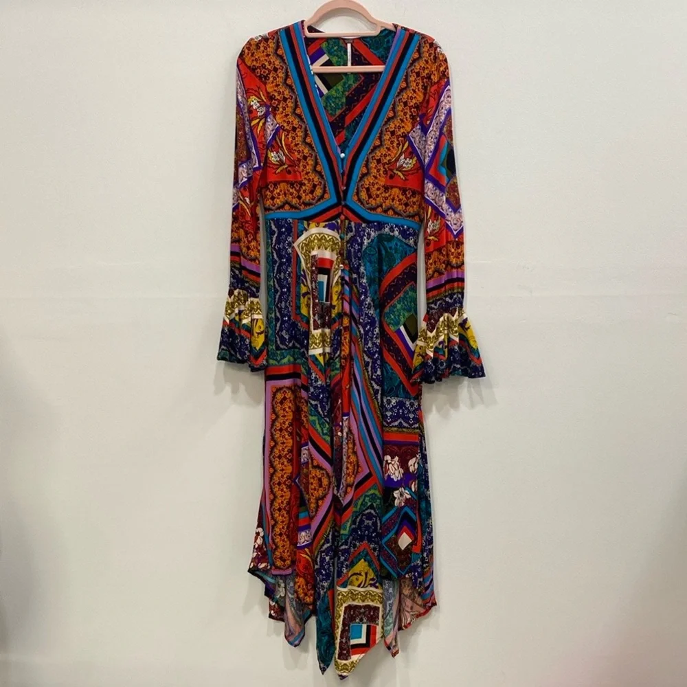 Free People Boho Patchwork‎ Hippie Dress Bell Sleeves XS